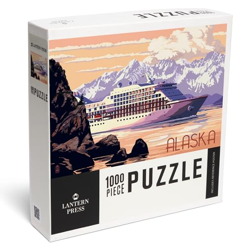 Lantern Press Alaska Cruise Ship and Sunset 1000 Piece Jigsaw Puzzle for Adults Made in USA with Reference Poster - Image 1