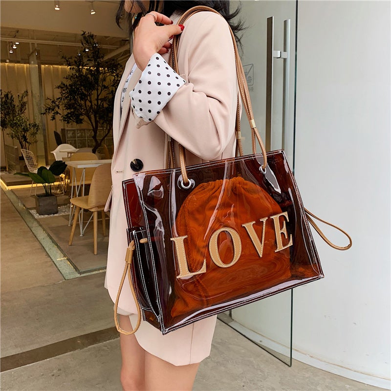 Fashion Women Transparent PVC Shoulder Bags Jelly Candy Color Large Capacity Handbag Tote Brown - Image 1