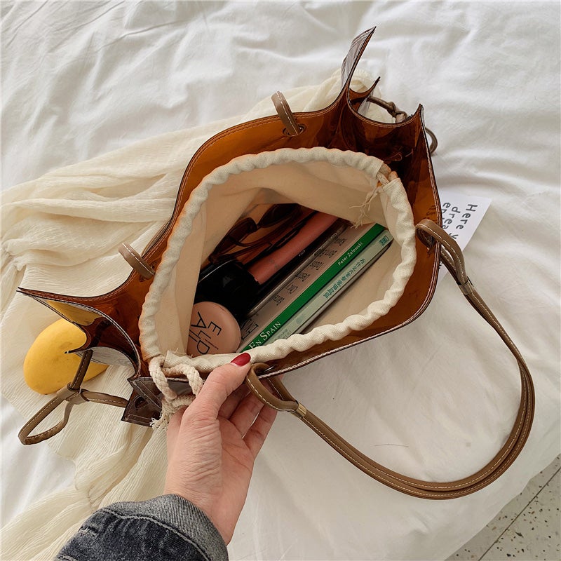 Fashion Women Transparent PVC Shoulder Bags Jelly Candy Color Large Capacity Handbag Tote Brown - Image 2