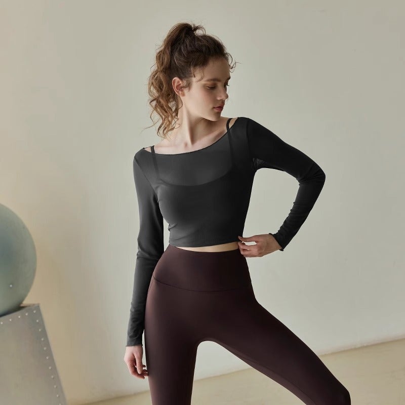 Generic Yoga Clothing Womens Autumn and Winter Fake Two-Piece Sports Top Professional Morning Running Pilates Training Long Sleeve Running Fitness Clothing Black