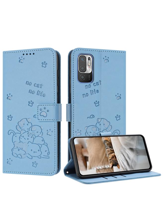 S-TOP Case For Redmi Note 10 5G / Note 10T 5G Embossed Kitten Phone Leather Case with Lanyard - Image 1