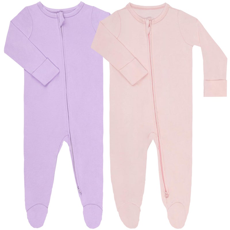 GUISBY Footed Long Sleeve Baby Pajamas with Zipper Cotton Infant Sleepers Light Pink+Purple Newborn - Image 1