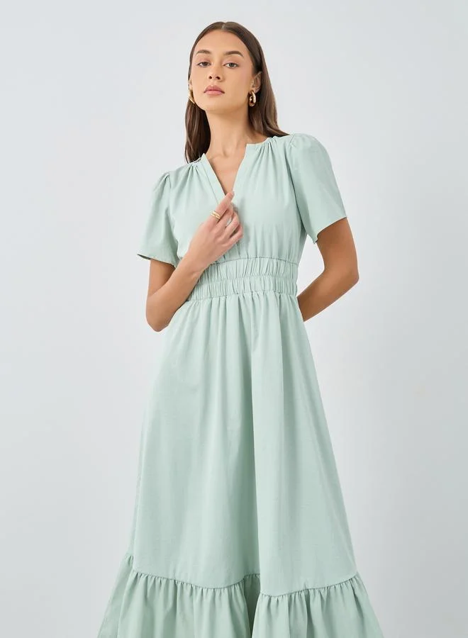 Styli Styli Solid Short Sleeves Tiered Midi Dress