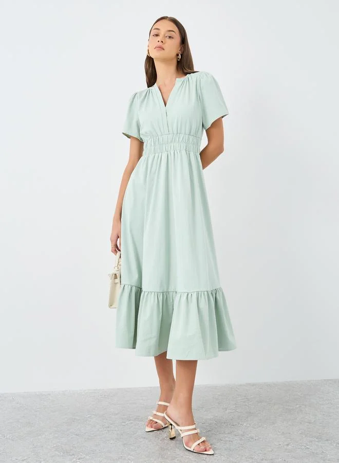 Styli Styli Solid Short Sleeves Tiered Midi Dress