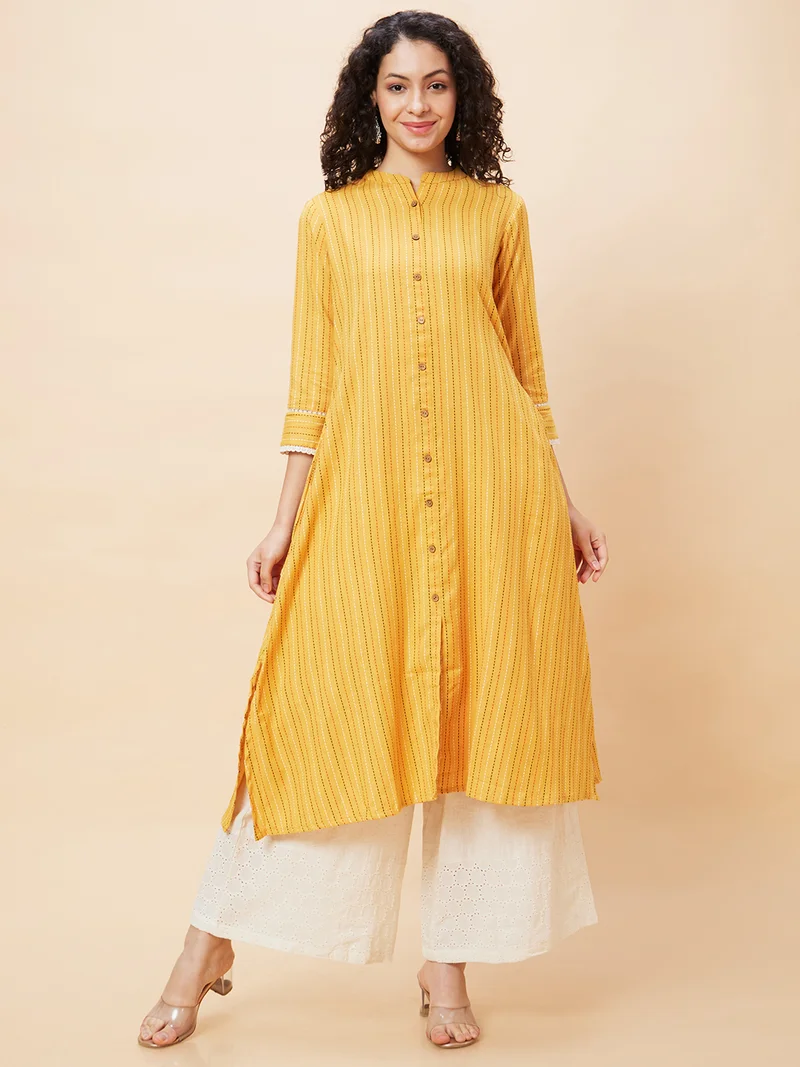 جلو باص كنزة قطنية نسائية مخططة بياقة ماندرين