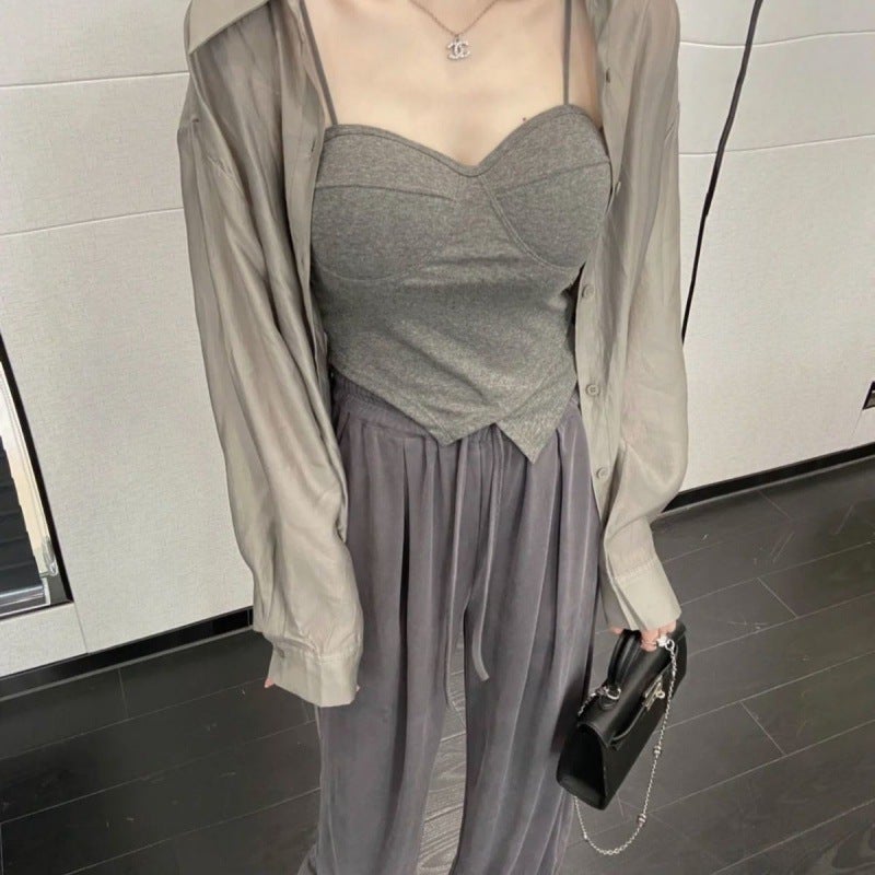 Chic Salt Style Summer Womens Three-Piece Set Grey Shirt [Single Piece]]