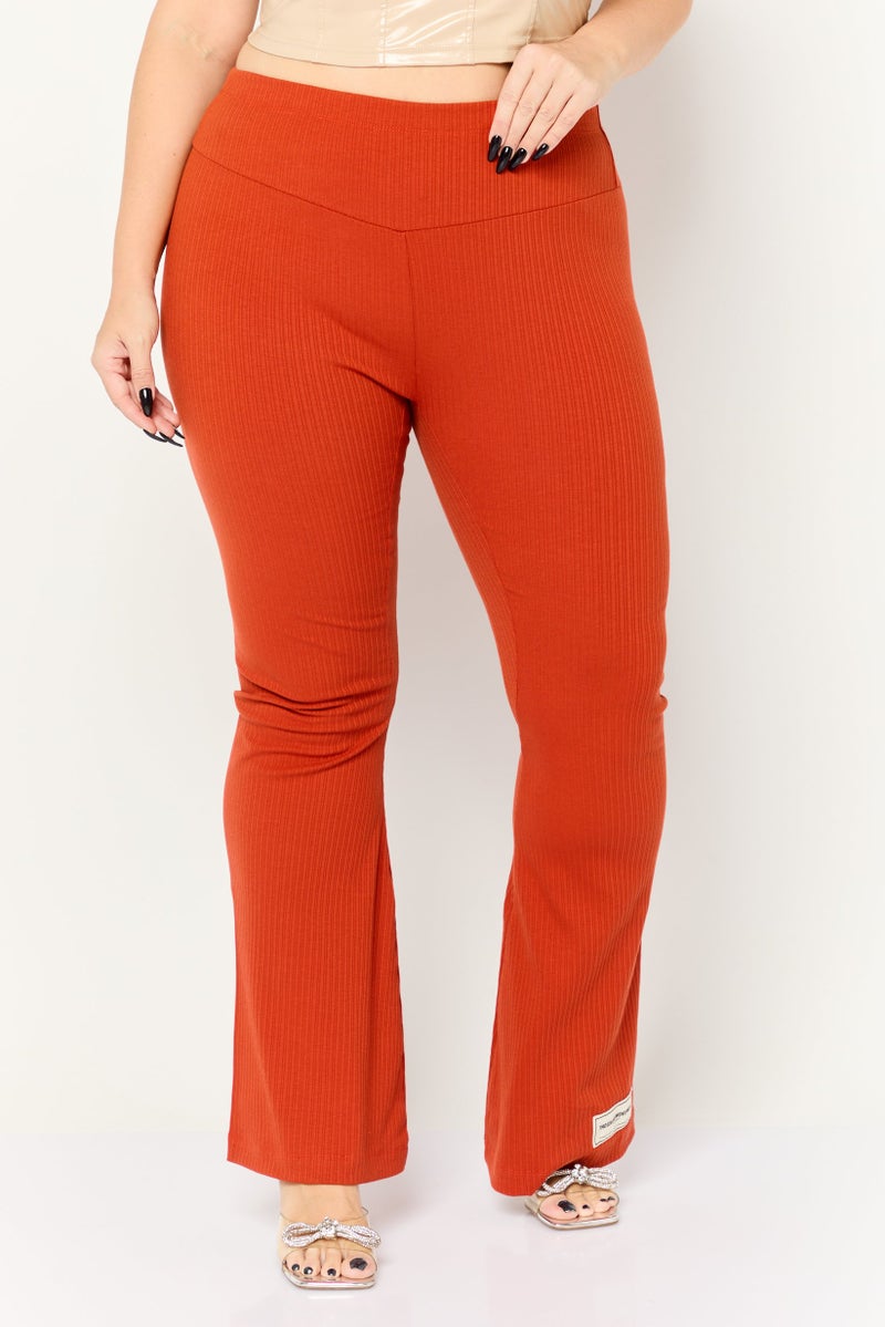 The Giving Movement Women Ribbed Pull on Flared Pants, Rust - Image 1