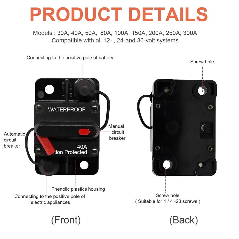 Erayco 40 Amp Circuit Breaker with Manual Reset Waterproof Inline Fuse Inverter for Marine Trolling Motors Boat ATV Manual Power 12V-42VDC (40A) - Image 4