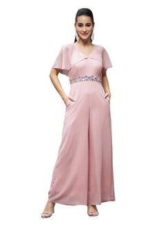 Miss Chase Miss Chase Women's Georgette V-Neck Cape Solid Layered Regular Jumpsuit (MCSS23D15-61-157-03, Light Pink, S)  - Image 1