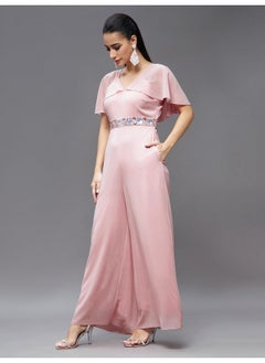 Miss Chase Miss Chase Women's Georgette V-Neck Cape Solid Layered Regular Jumpsuit (MCSS23D15-61-157-03, Light Pink, S)  - Image 2