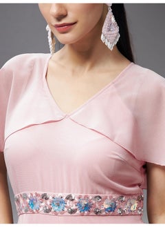 Miss Chase Miss Chase Women's Georgette V-Neck Cape Solid Layered Regular Jumpsuit (MCSS23D15-61-157-03, Light Pink, S)  - Image 5