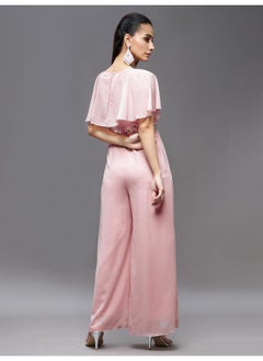 Miss Chase Miss Chase Women's Georgette V-Neck Cape Solid Layered Regular Jumpsuit (MCSS23D15-61-157-03, Light Pink, S)  - Image 4