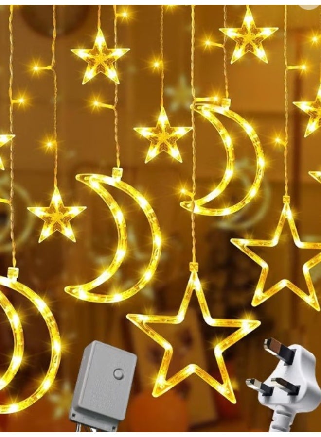 بريميم أضواء سلسلة إل إي دي على شكل قمر ونجوم – أضواء زينة معلّقة بيضاء دافئة مع محوّل طاقة، أضواء رمضانية على شكل نجوم وقمر لتزيين غرفة النوم، بطول ثلاثة فاصل خمسة متر، أضواء نافذة على شكل هلال العيد مع ثمانية أوضاع وميض، زينة مضيئة على شكل نجوم وقمر - Image 4