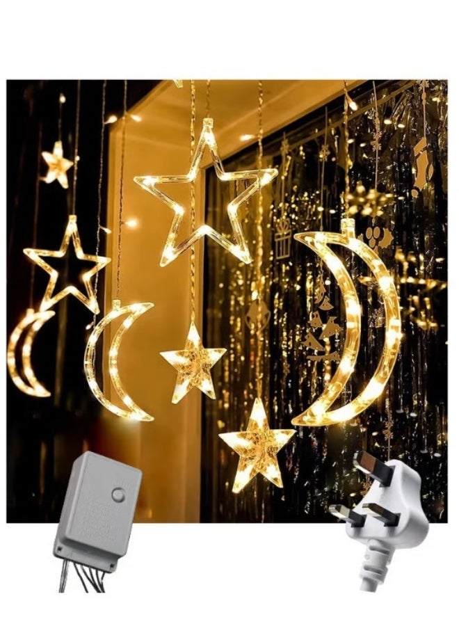 بريميم أضواء سلسلة إل إي دي على شكل قمر ونجوم – أضواء زينة معلّقة بيضاء دافئة مع محوّل طاقة، أضواء رمضانية على شكل نجوم وقمر لتزيين غرفة النوم، بطول ثلاثة فاصل خمسة متر، أضواء نافذة على شكل هلال العيد مع ثمانية أوضاع وميض، زينة مضيئة على شكل نجوم وقمر - Image 1