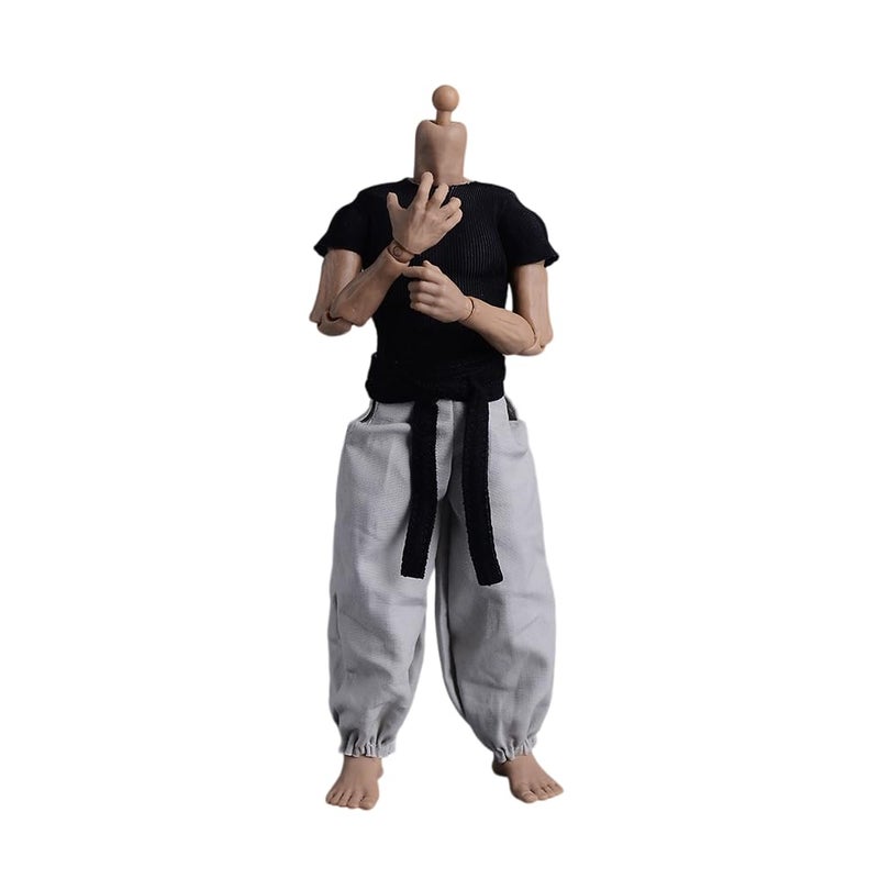 Fremego 112 Scale Male ClothesMens Tight Short Sleeves Pant Warrior Combat Suit Sport Clothing for 6inch Action Figure Body Black TopsBlack BeltWhite Pant - Image 3