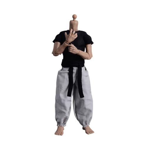 Fremego 112 Scale Male ClothesMens Tight Short Sleeves Pant Warrior Combat Suit Sport Clothing for 6inch Action Figure Body Black TopsBlack BeltWhite Pant - Image 1