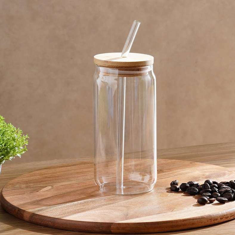 Pan Home Clear Mason Jar With Bamboo Lid and Straw for All