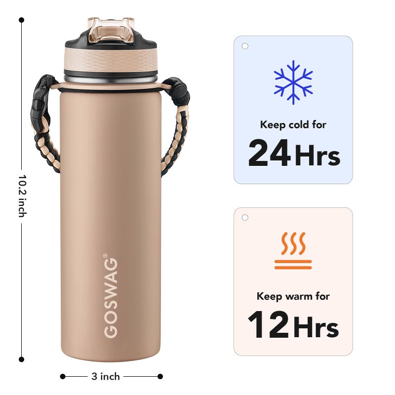 GOSWAG Insulated Sports Water Bottle, 24oz 2 Lids(with Straw/No Straw), Stainless Steel Water Bottles with Paracord Handle, Insulated Bottle with Double-Wall Vacuum Insulation - Image 2