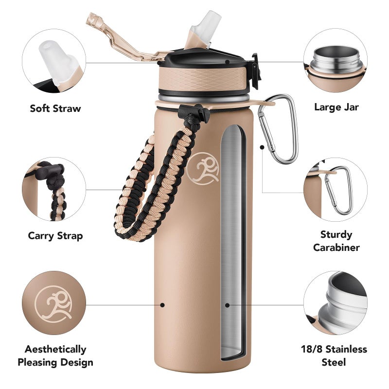 GOSWAG Insulated Sports Water Bottle, 24oz 2 Lids(with Straw/No Straw), Stainless Steel Water Bottles with Paracord Handle, Insulated Bottle with Double-Wall Vacuum Insulation - Image 3