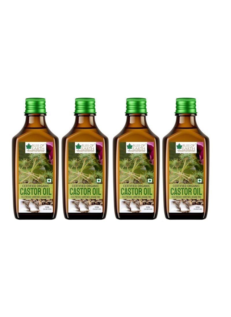 BLISS OF EARTH 500ML Certified Organic Castor Oil for Hair Growth Cold Pressed & Hexane Free Pack of 4  - Image 1