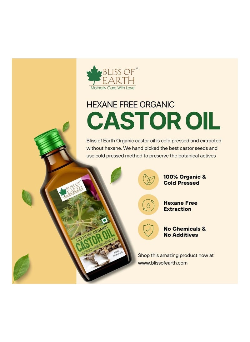 BLISS OF EARTH 500ML Certified Organic Castor Oil for Hair Growth Cold Pressed & Hexane Free Pack of 4  - Image 2