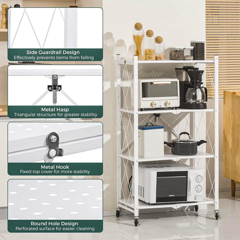 ABOUT SPACE رف تخزين مطبخ قابل للطي 4 طبقات عن الفضاء مع عجلات متحركة وحدة أدوات المطبخ متعددة الوظائف عربة ميكروويف حتى 120 كجم أبيض L 69 × B 31 × H 127 سم - Image 3
