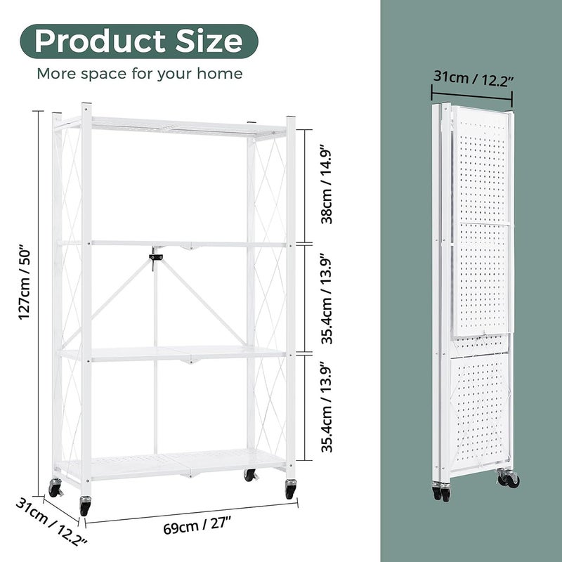 ABOUT SPACE رف تخزين مطبخ قابل للطي 4 طبقات عن الفضاء مع عجلات متحركة وحدة أدوات المطبخ متعددة الوظائف عربة ميكروويف حتى 120 كجم أبيض L 69 × B 31 × H 127 سم - Image 2