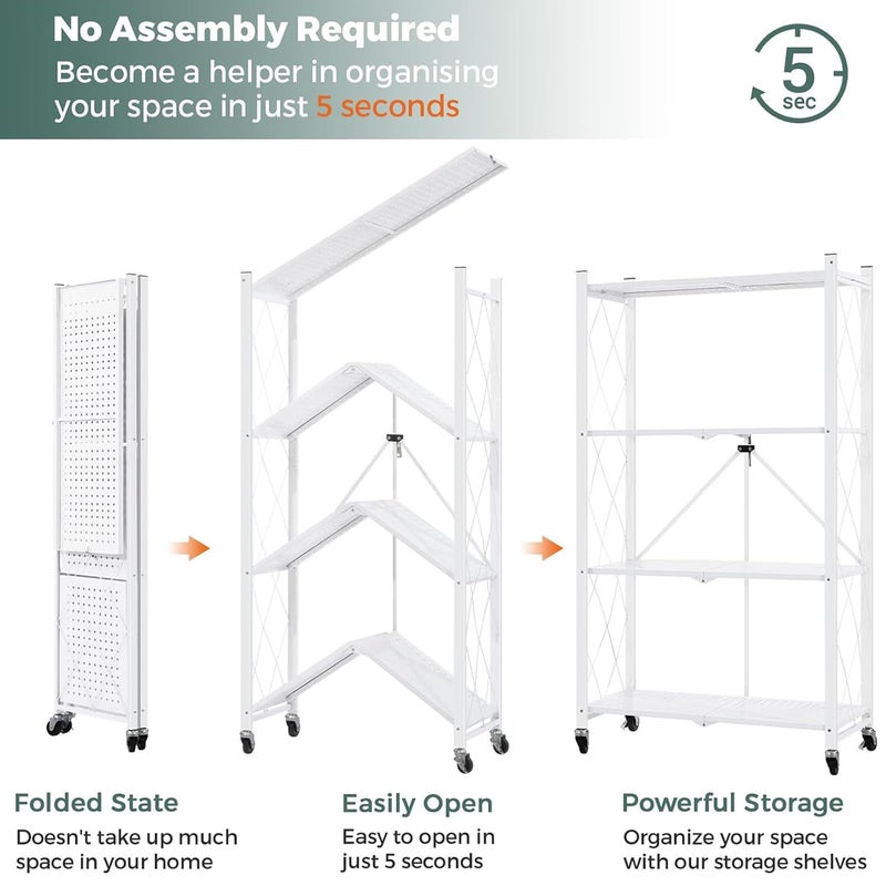 ABOUT SPACE رف تخزين مطبخ قابل للطي 4 طبقات عن الفضاء مع عجلات متحركة وحدة أدوات المطبخ متعددة الوظائف عربة ميكروويف حتى 120 كجم أبيض L 69 × B 31 × H 127 سم - Image 4