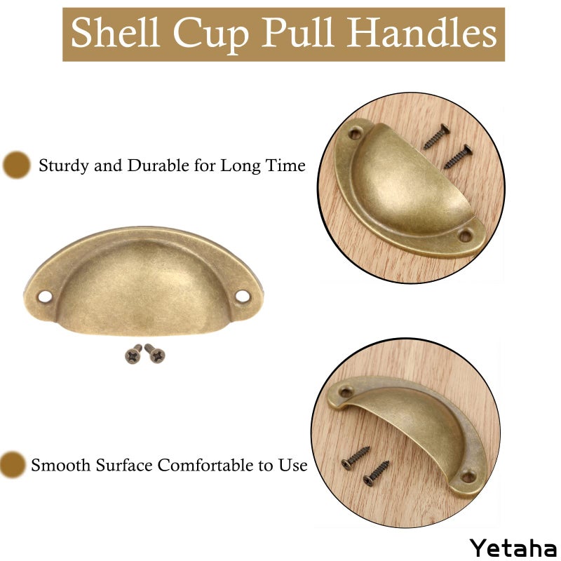 Yetaha Antique Brass Cabinet Pulls, 10PCS Copper Cup Handles Vintage Farmhouse Style Knobs for Dresser Cupboard Kitchen Furniture Decoration, with Screws (Yellow Bronze) - Image 3