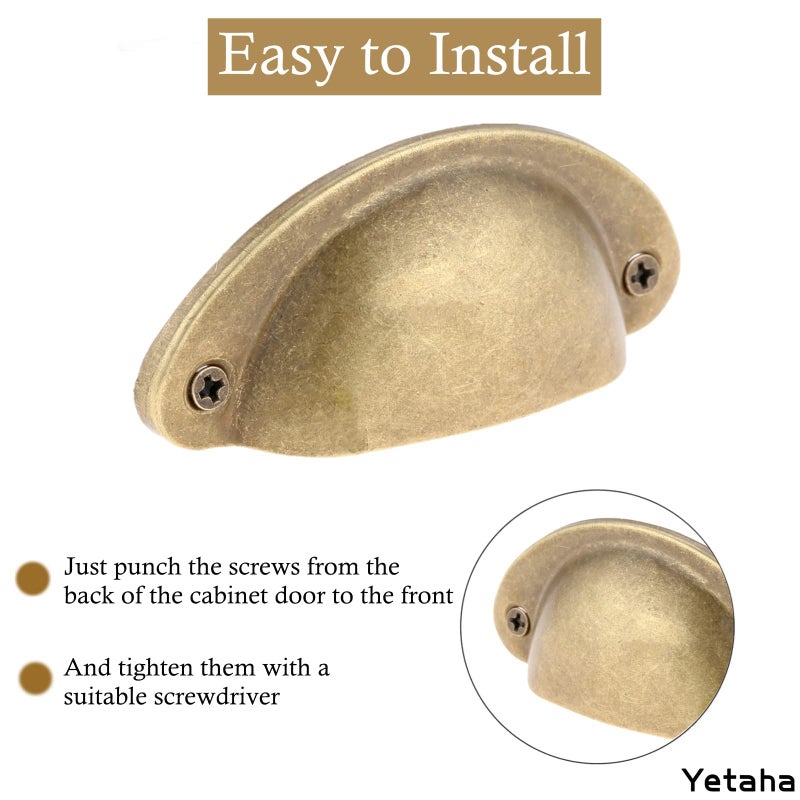 Yetaha Antique Brass Cabinet Pulls, 10PCS Copper Cup Handles Vintage Farmhouse Style Knobs for Dresser Cupboard Kitchen Furniture Decoration, with Screws (Yellow Bronze) - Image 4