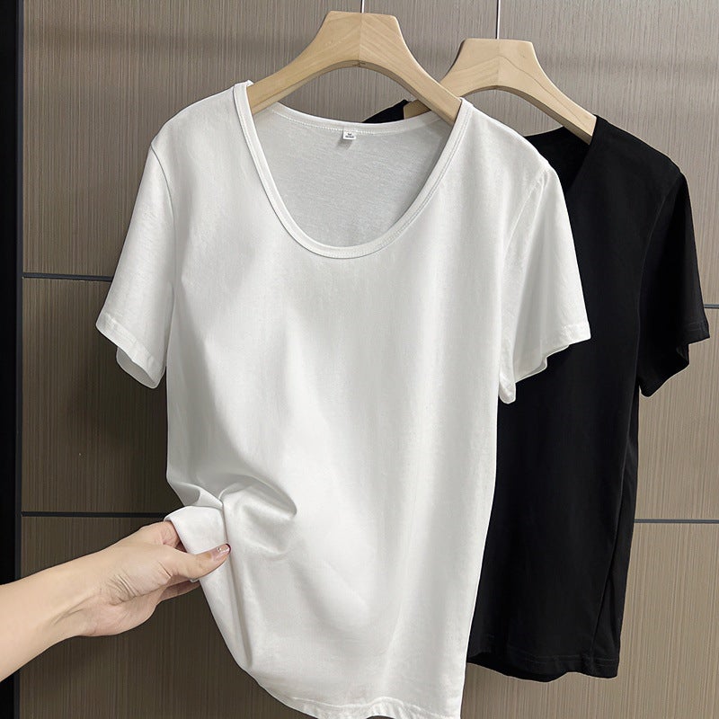 Summer Korean Style Pure Color U-Neck T-Shirt, Loose, Lazy, Versatile, Slimming Look, Short-Sleeved, Niche And Simple Women - Image 4