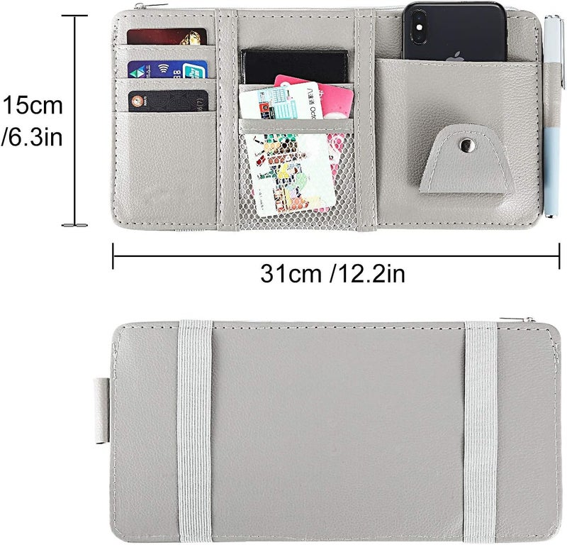 HSR Car Sun Visor Organizer, Sunglass Pen Card Small Document Storage Pouch Holder, PU Leather, Multi-Pocket with Zipper Net (Grey) - Image 3