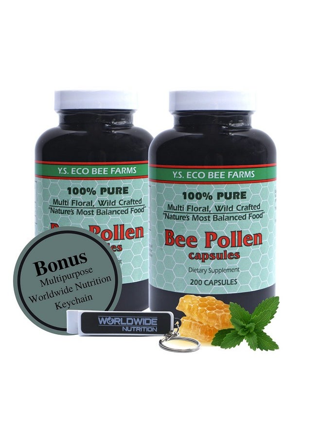 Worldwide Nutrition - Y.S. Eco Bee Farms 100% Pure Wild Crafted Bee Pollen Capsules Organic Bee Pollen Vitamin Supplements Amino Acids Organic Protein Vitamin C Vitamin B12 Gluten Free 2Pk Of 200Ct W Bonus Key Chain - Image 1