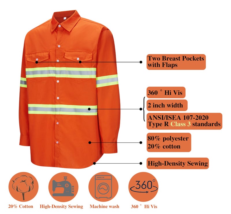 Ousafeve Class 3 Orange Hi Vis Button Up Safety Work Shirts for Men Reflective (Medium, Orange_Long) - Image 2