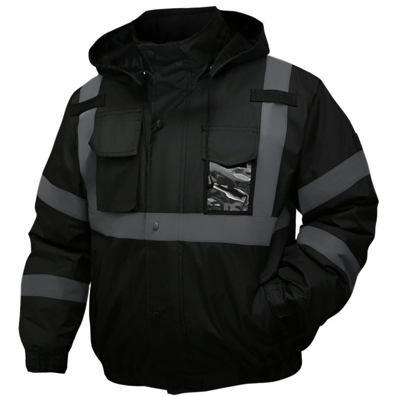 DPSAFETY Safety jacket for menReflective high Visibility Hooded jacketHiVis Bomber Jacket with Pockets and ZipperWaterproofBlack BottomANSIISEA 1072020 Type R Class 3Black