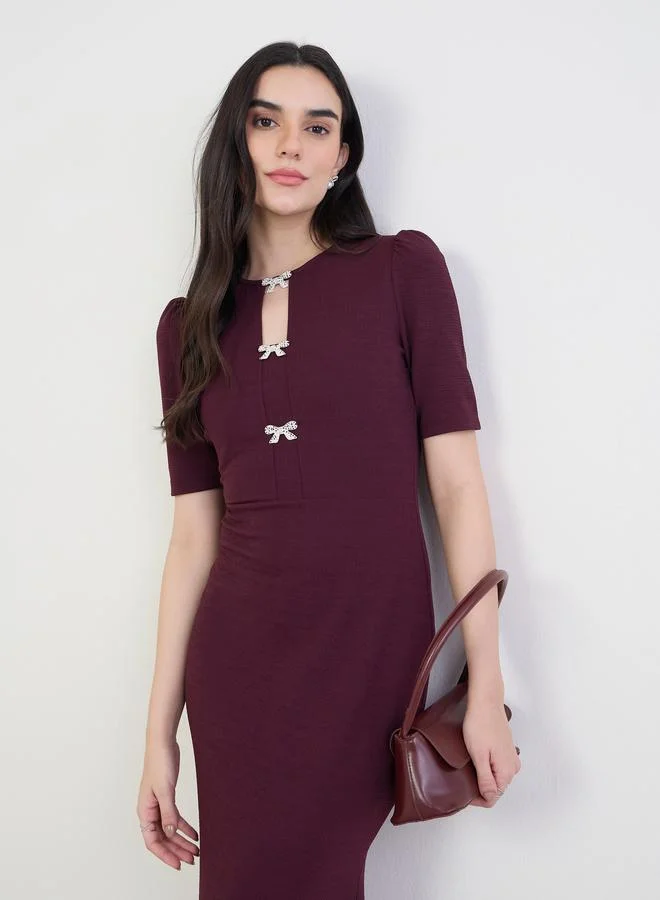 Women Burgundy Sheath Maxi Dress with Bow Detail