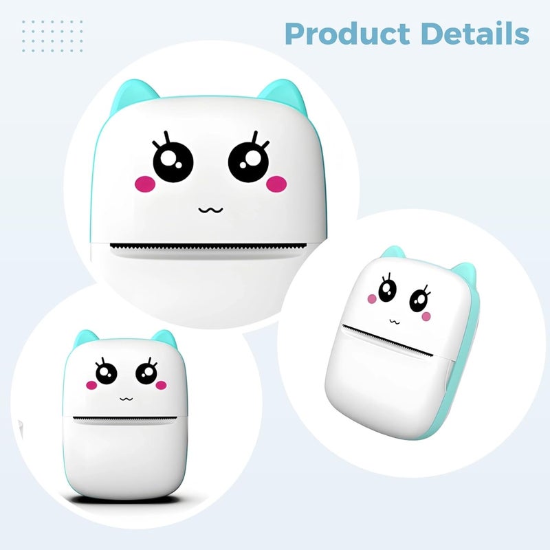 Inkless Printer, Portable Fault Printing Tool for Learners, Small Wireless Printer with Face, Includes USB Cord and Thermal Paper Roll, Cerulean - Image 2