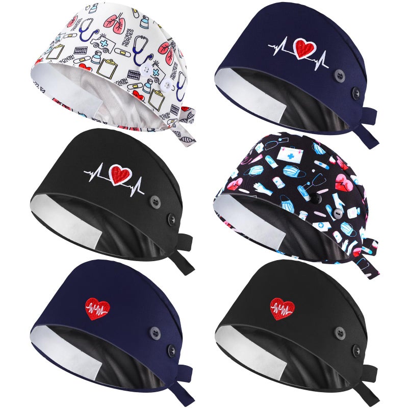 Maiteenly 6 Pcs Valentines Satin Lined Scrub Caps Women Bouffant Nursing Hats with Button and Sweatband Adjustable Working Hat (Lively Style) Multicolor - Image 1