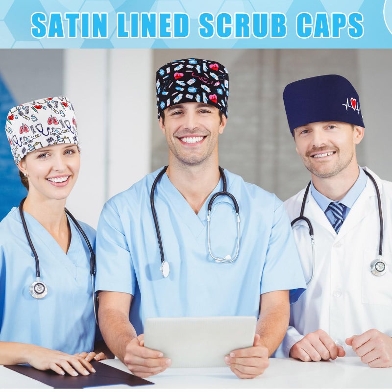 Maiteenly 6 Pcs Valentines Satin Lined Scrub Caps Women Bouffant Nursing Hats with Button and Sweatband Adjustable Working Hat (Lively Style) Multicolor - Image 5
