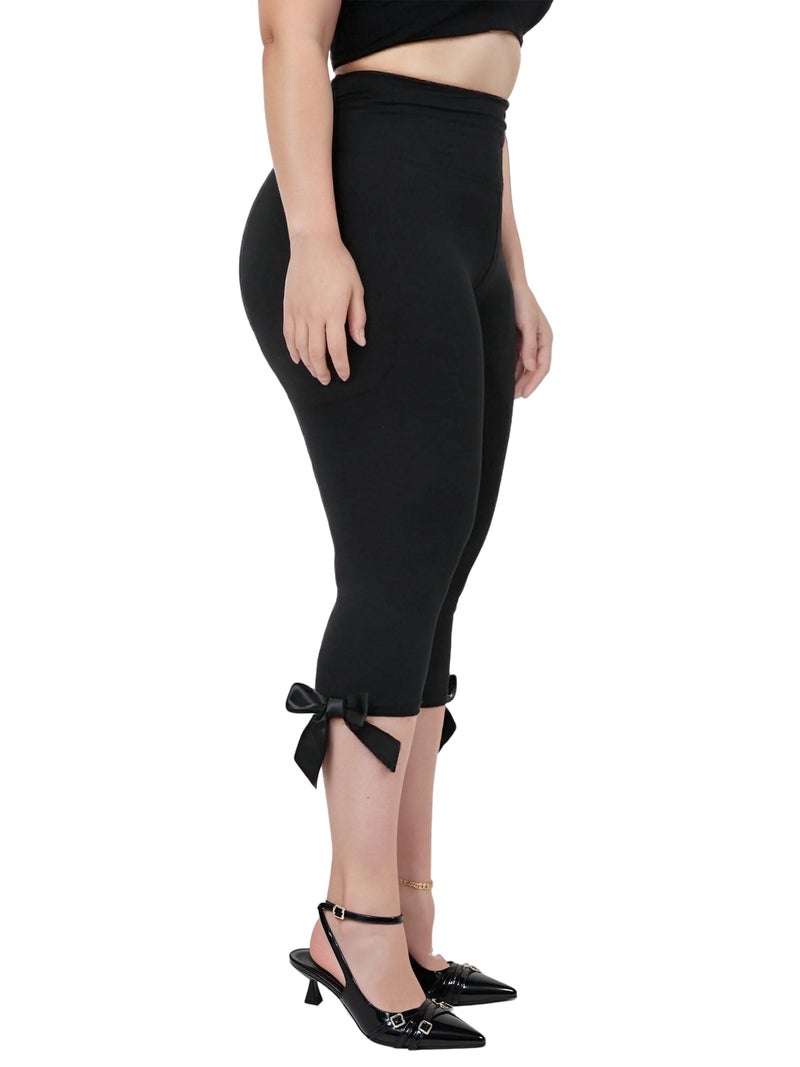 KMBANGI Women Skinny Capri Leggings Bow Tie Up Knee Length Capris Pants Sexy Stretchy Slim Fit Cropped Trousers(Bow Trim Black,XL) - Image 1