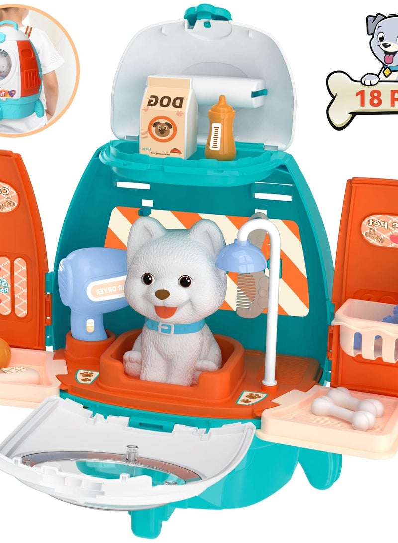Excefore 18 Piece Pet Vet Play Set for Kids 3-8, Role Play Dog Grooming Toys with Dog Backpack, Puppy Carrier, and Feeding Accessories - Image 3