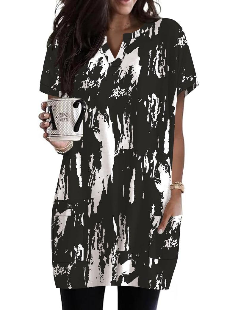 Rapbin Womens Short Sleeve Tops Black White Summer Tops for Women Loose Fit Tunic to Wear with Leggings Casual V Neck Shirts XL - Image 1