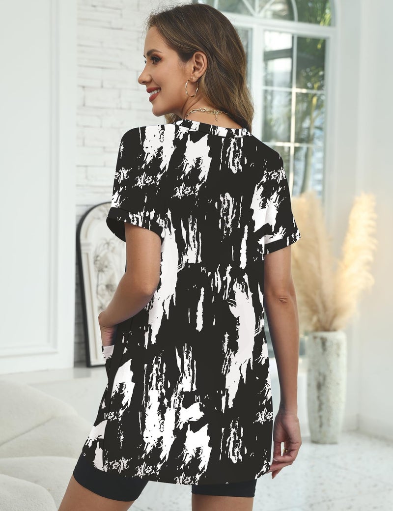 Rapbin Womens Short Sleeve Tops Black White Summer Tops for Women Loose Fit Tunic to Wear with Leggings Casual V Neck Shirts XL - Image 5