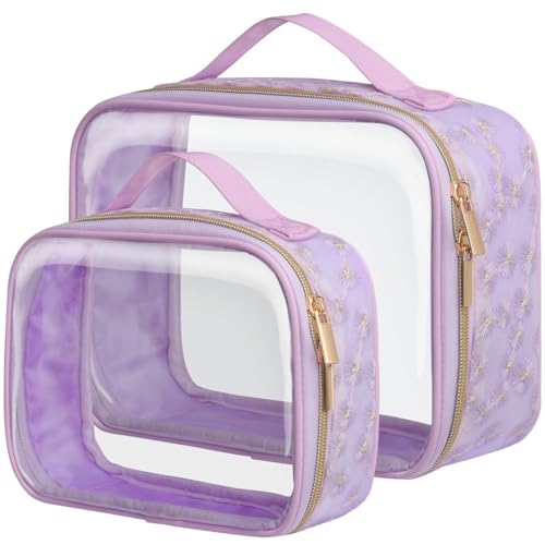 PACKISM Floral Texture Lace TSA Approved Toiletry Bag 180 Opening Clear Makeup Bags in 2 Size Clear Toiletry Bags with Handle 05 mm Thick Nondeformable No Smell Purple