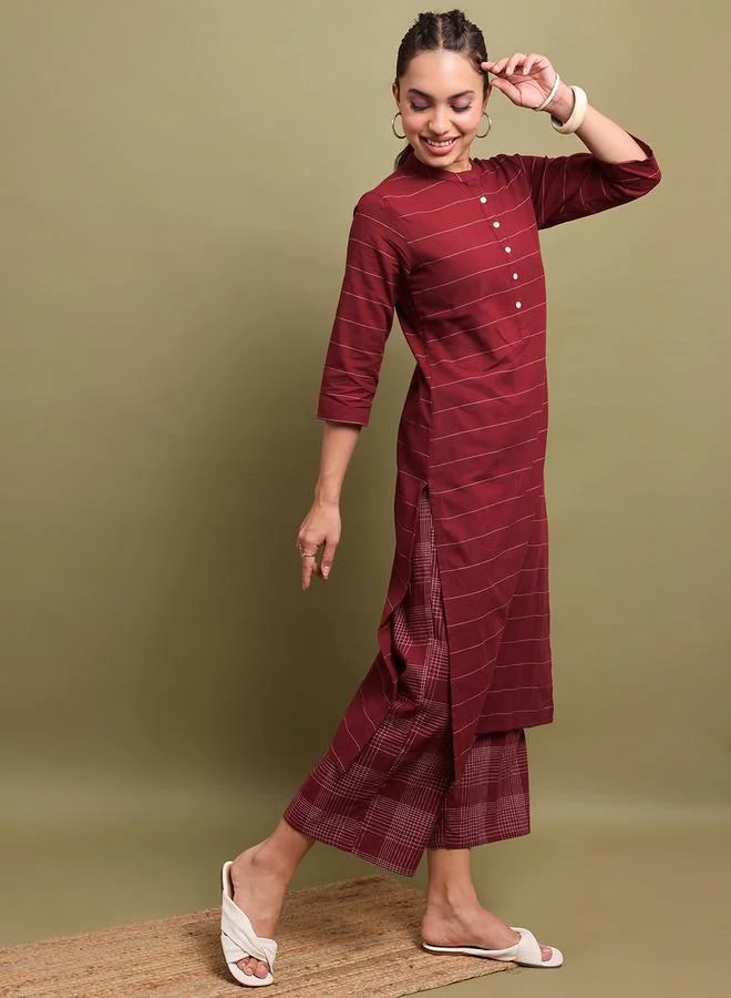 Vishudh Horizontal Striped Thread Work Kurta by Styli