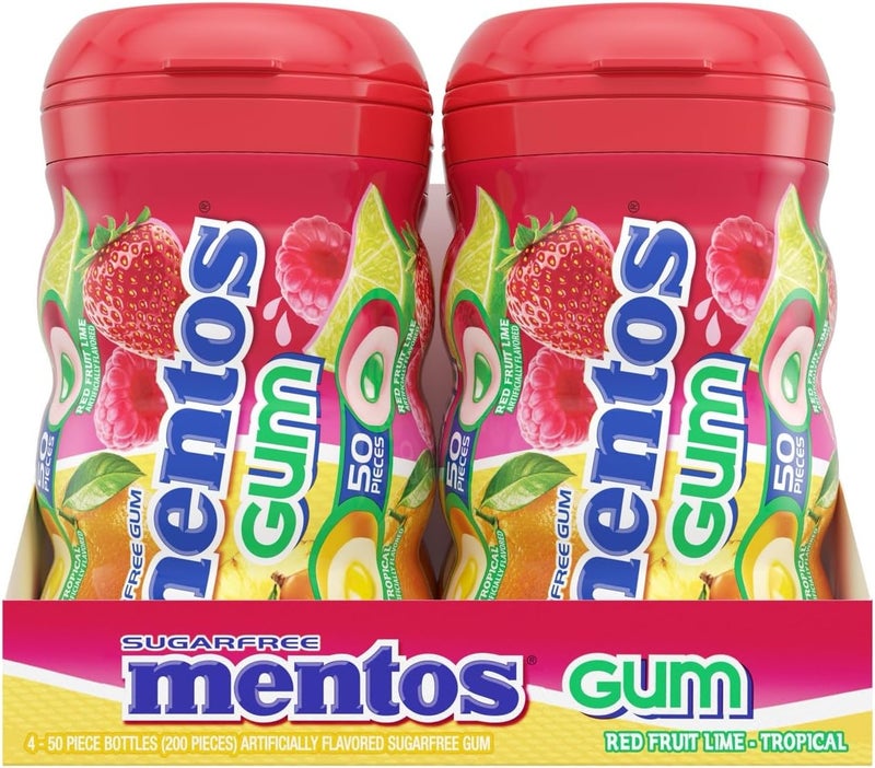 Mentos Sugar-Free Chewing Gum, Tropical, Red Fruit and Lime, 50 Piece Bottle (Pack of 4 Bottles) - Image 4