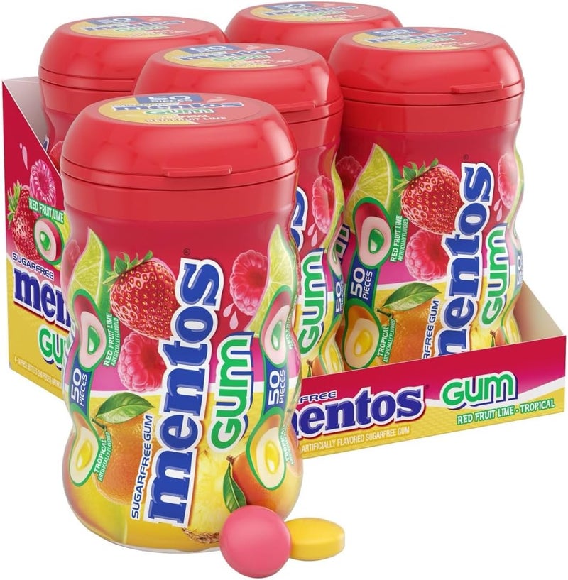 Mentos Sugar-Free Chewing Gum, Tropical, Red Fruit and Lime, 50 Piece Bottle (Pack of 4 Bottles) - Image 1