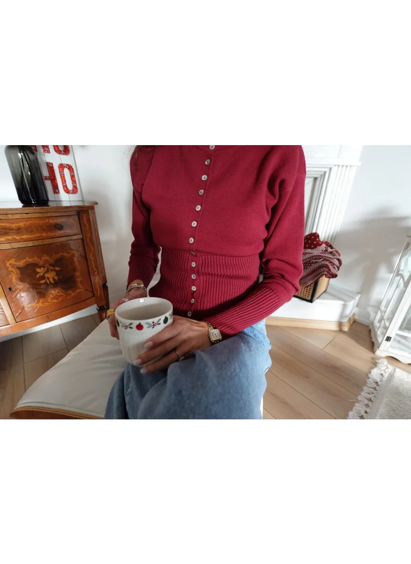 Pieces Of Melon x Narod Bıçakçı Claret Red Pearl Buttoned Soft Touch Knitted Cardigan