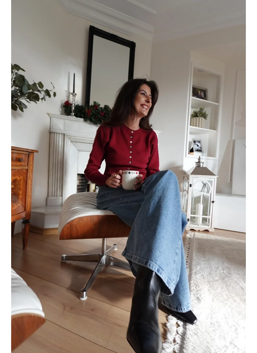 Pieces Of Melon x Narod Bıçakçı Claret Red Pearl Buttoned Soft Touch Knitted Cardigan