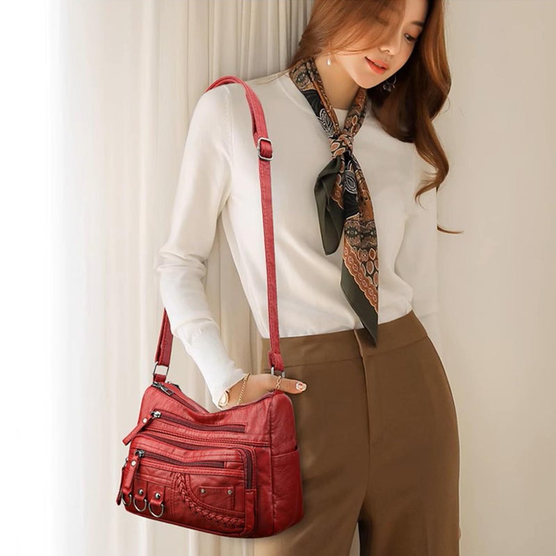 WITERY Soft Leather Multi-Pocket Shoulder Bag for Women - Vintage Ladies Medium Travel Purses Hobo Tote Bag with Adjustable Strap, Roomy Zipper Crossboby Messenger Bags Handbags Purses - Image 2